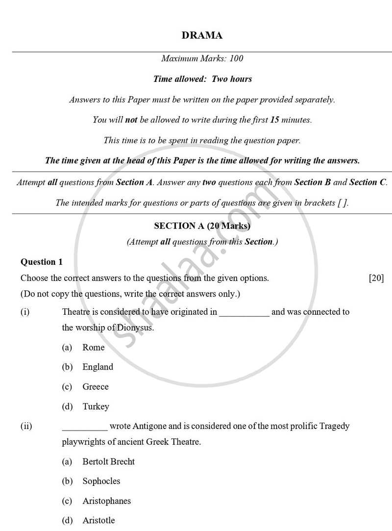 Drama 2023-2024 ICSE Class 10  - CISCE (Council for the Indian School Certificate Examinations) question paper with PDF download