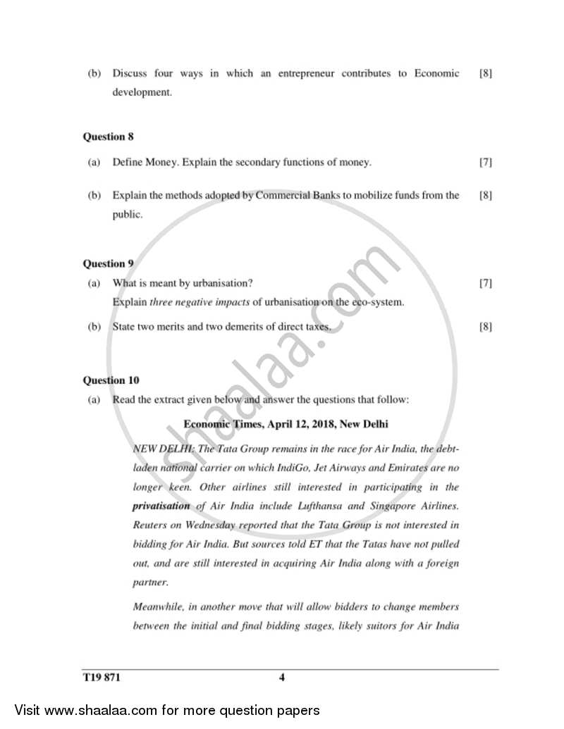 Economic Applications 2018-2019 ICSE Class 10  - CISCE (Council for the Indian School Certificate Examinations) question paper with PDF download