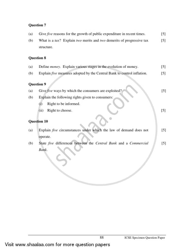 Economics 2016-2017 ICSE Class 10  - CISCE (Council for the Indian School Certificate Examinations) question paper with PDF download