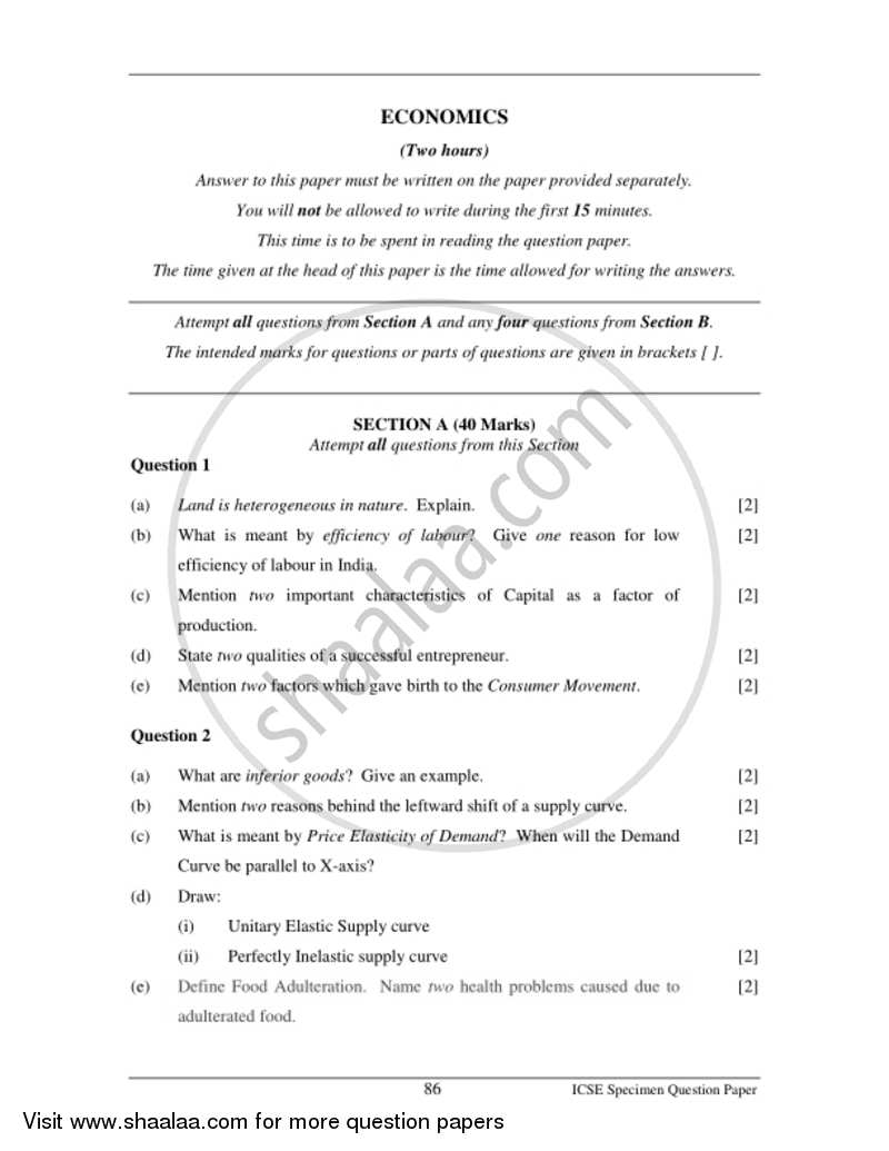 Economics 2016-2017 ICSE Class 10  - CISCE (Council for the Indian School Certificate Examinations) question paper with PDF download