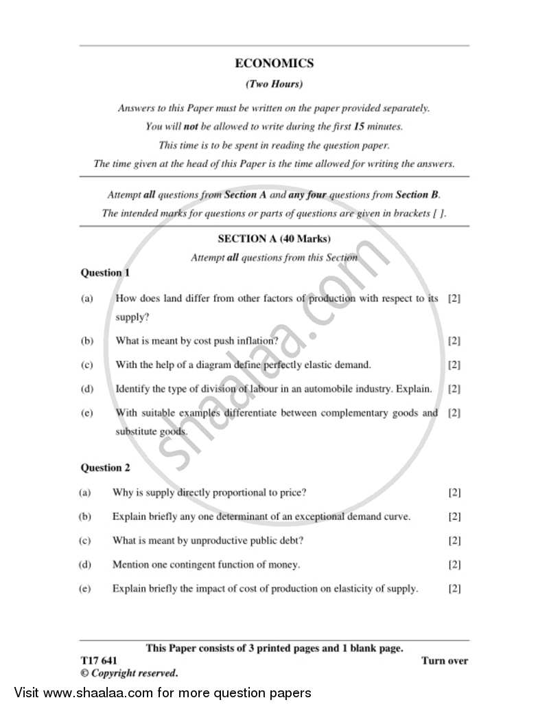 Economics 2016-2017 ICSE Class 10  - CISCE (Council for the Indian School Certificate Examinations) question paper with PDF download
