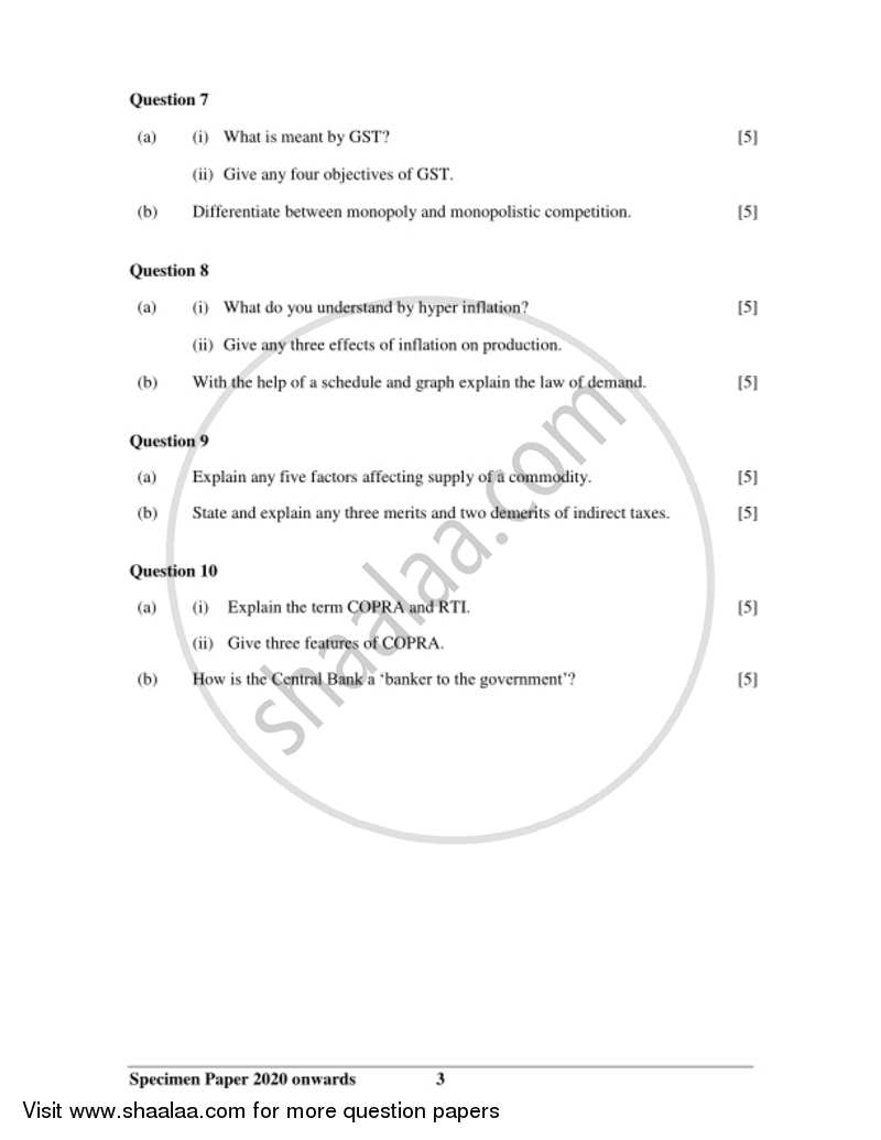 Economics 2019-2020 ICSE Class 10  - CISCE (Council for the Indian School Certificate Examinations) question paper with PDF download