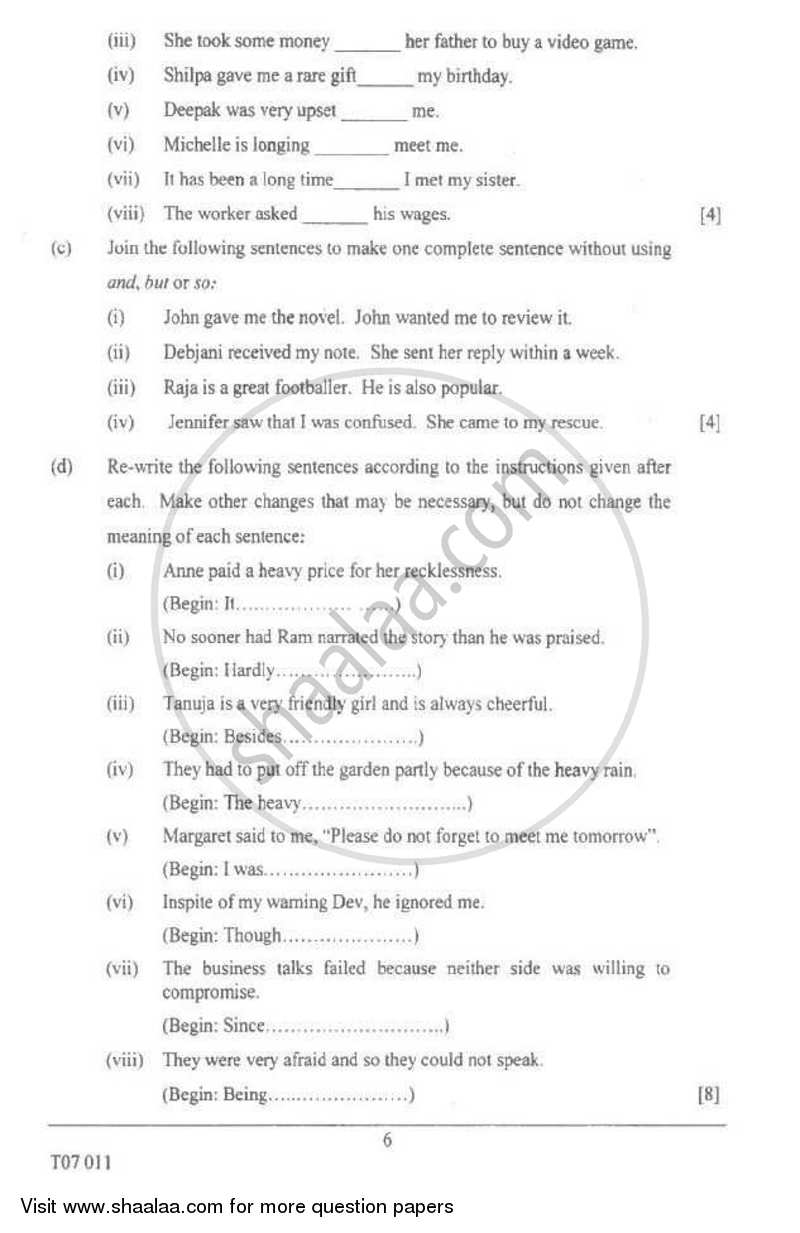 English 1 (English Language) 2006-2007 ICSE Class 10  - CISCE (Council for the Indian School Certificate Examinations) question paper with PDF download