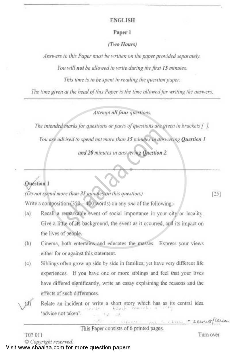 English 1 (English Language) 2006-2007 ICSE Class 10  - CISCE (Council for the Indian School Certificate Examinations) question paper with PDF download