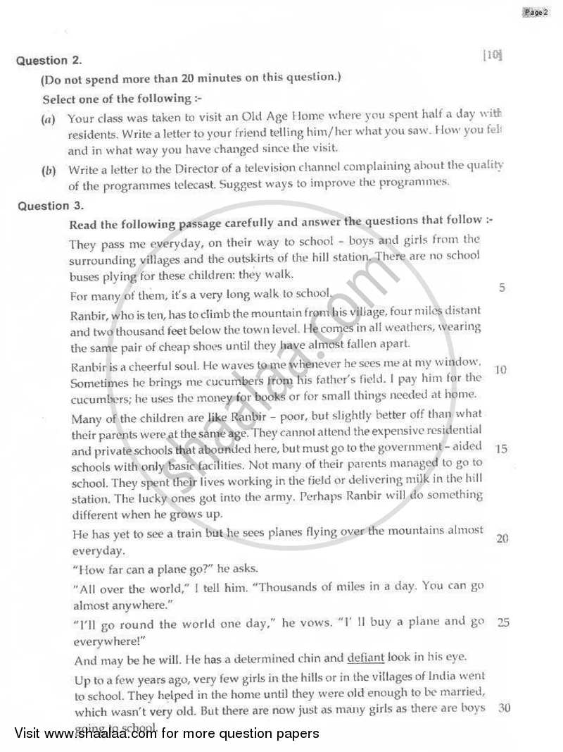 English 1 (English Language) 2009-2010 ICSE Class 10  - CISCE (Council for the Indian School Certificate Examinations) question paper with PDF download