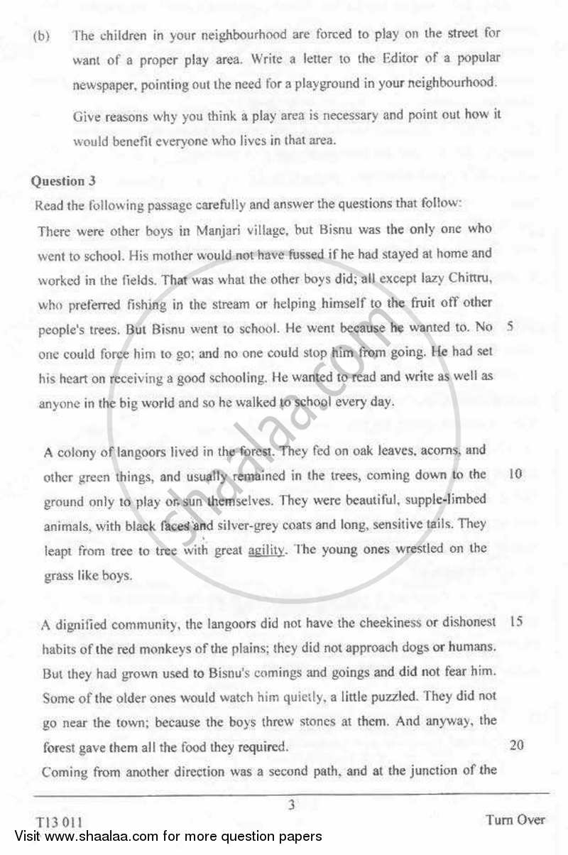 English 1 (English Language) 2012-2013 ICSE Class 10  - CISCE (Council for the Indian School Certificate Examinations) question paper with PDF download