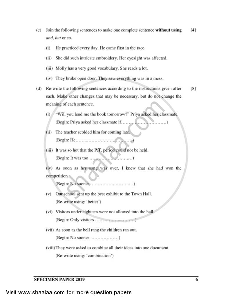 English 1 (English Language) 2018-2019 ICSE Class 10  - CISCE (Council for the Indian School Certificate Examinations) question paper with PDF download