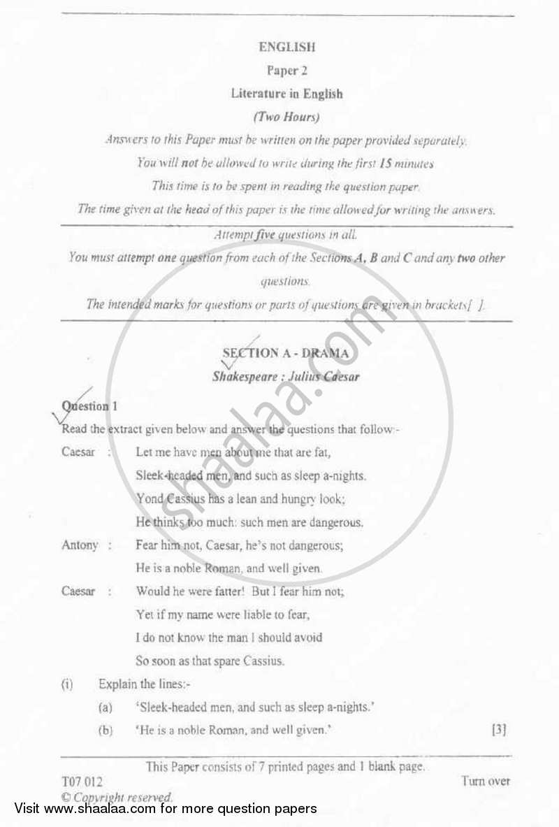 English 2 (Literature in English) 2006-2007 ICSE Class 10  - CISCE (Council for the Indian School Certificate Examinations) question paper with PDF download