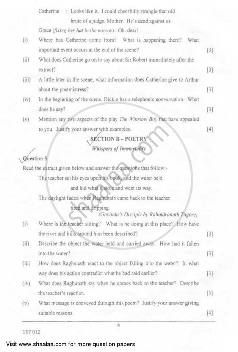 English 2 (Literature in English) 2006-2007 ICSE Class 10  - CISCE (Council for the Indian School Certificate Examinations) question paper with PDF download
