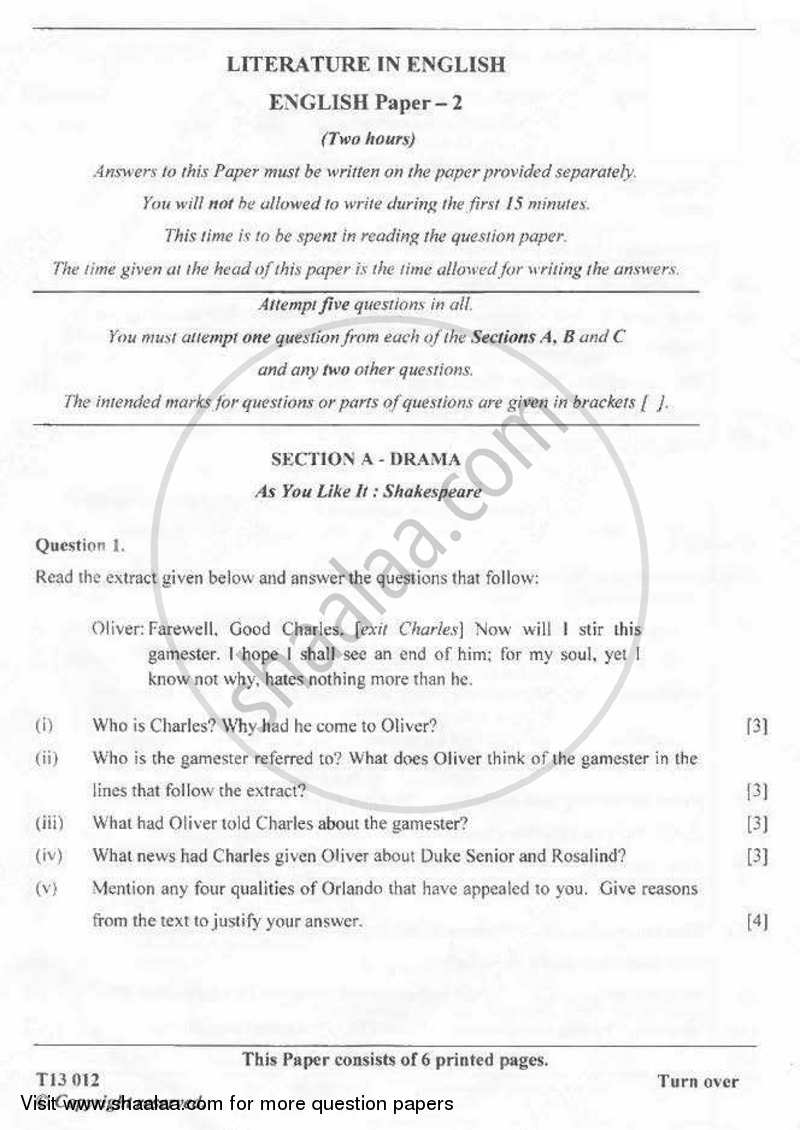 English 2 (Literature in English) 2012-2013 ICSE Class 10  - CISCE (Council for the Indian School Certificate Examinations) question paper with PDF download