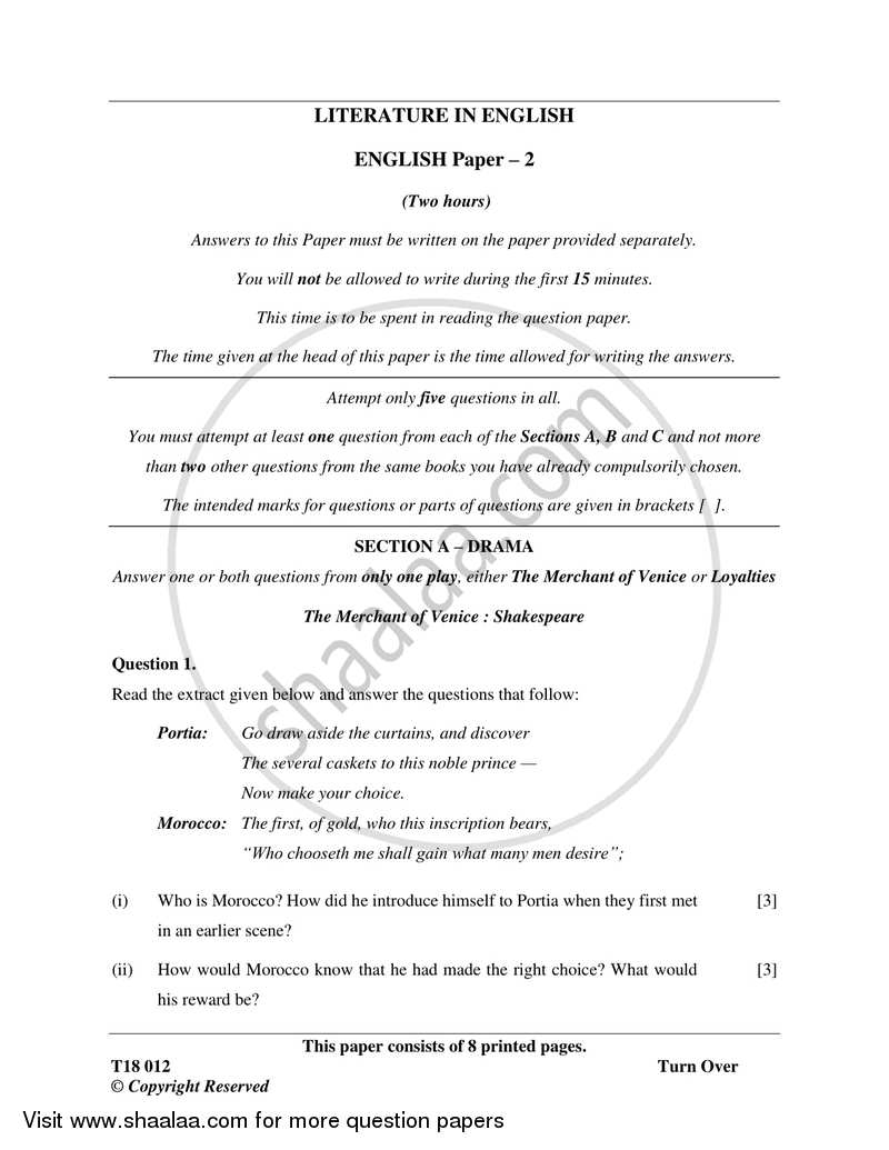 English 2 (Literature in English) 2017-2018 ICSE Class 10  - CISCE (Council for the Indian School Certificate Examinations) question paper with PDF download