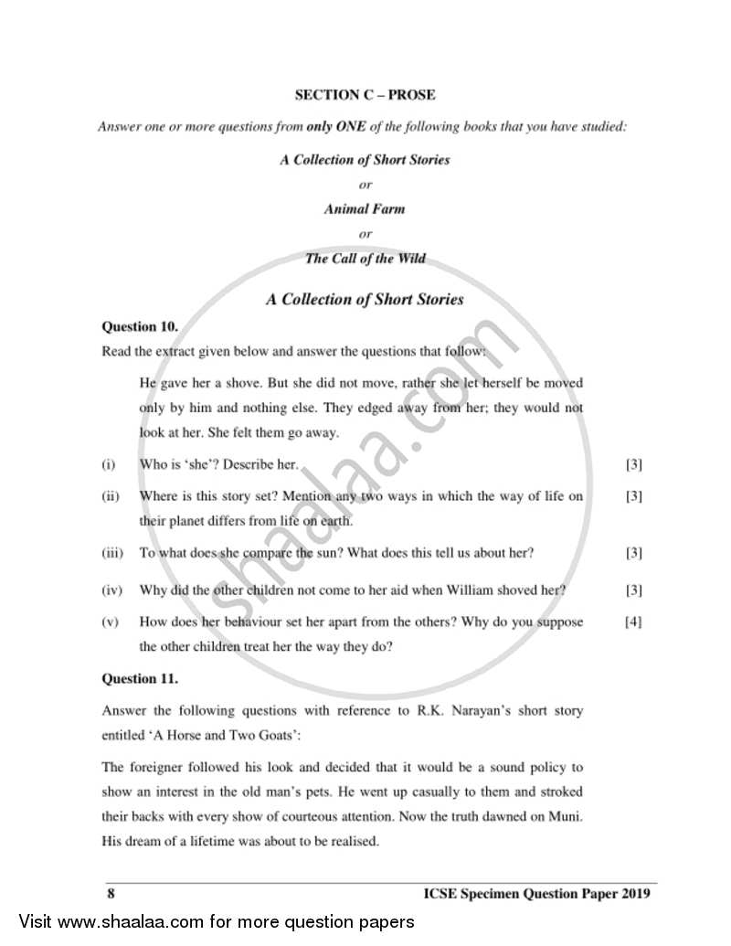English 2 (Literature in English) 2018-2019 ICSE Class 10  - CISCE (Council for the Indian School Certificate Examinations) question paper with PDF download
