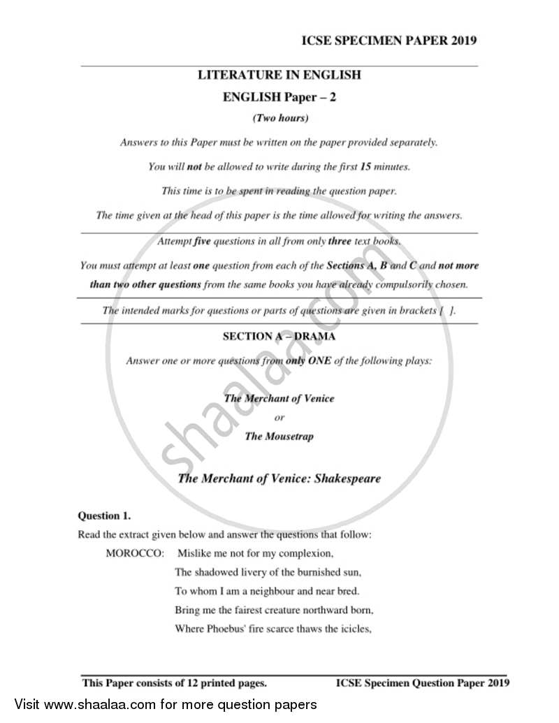 English 2 (Literature in English) 2018-2019 ICSE Class 10  - CISCE (Council for the Indian School Certificate Examinations) question paper with PDF download