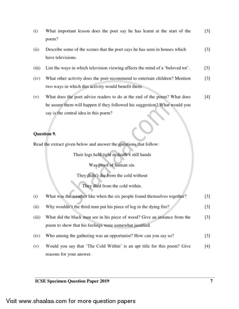 English 2 (Literature in English) 2018-2019 ICSE Class 10  - CISCE (Council for the Indian School Certificate Examinations) question paper with PDF download