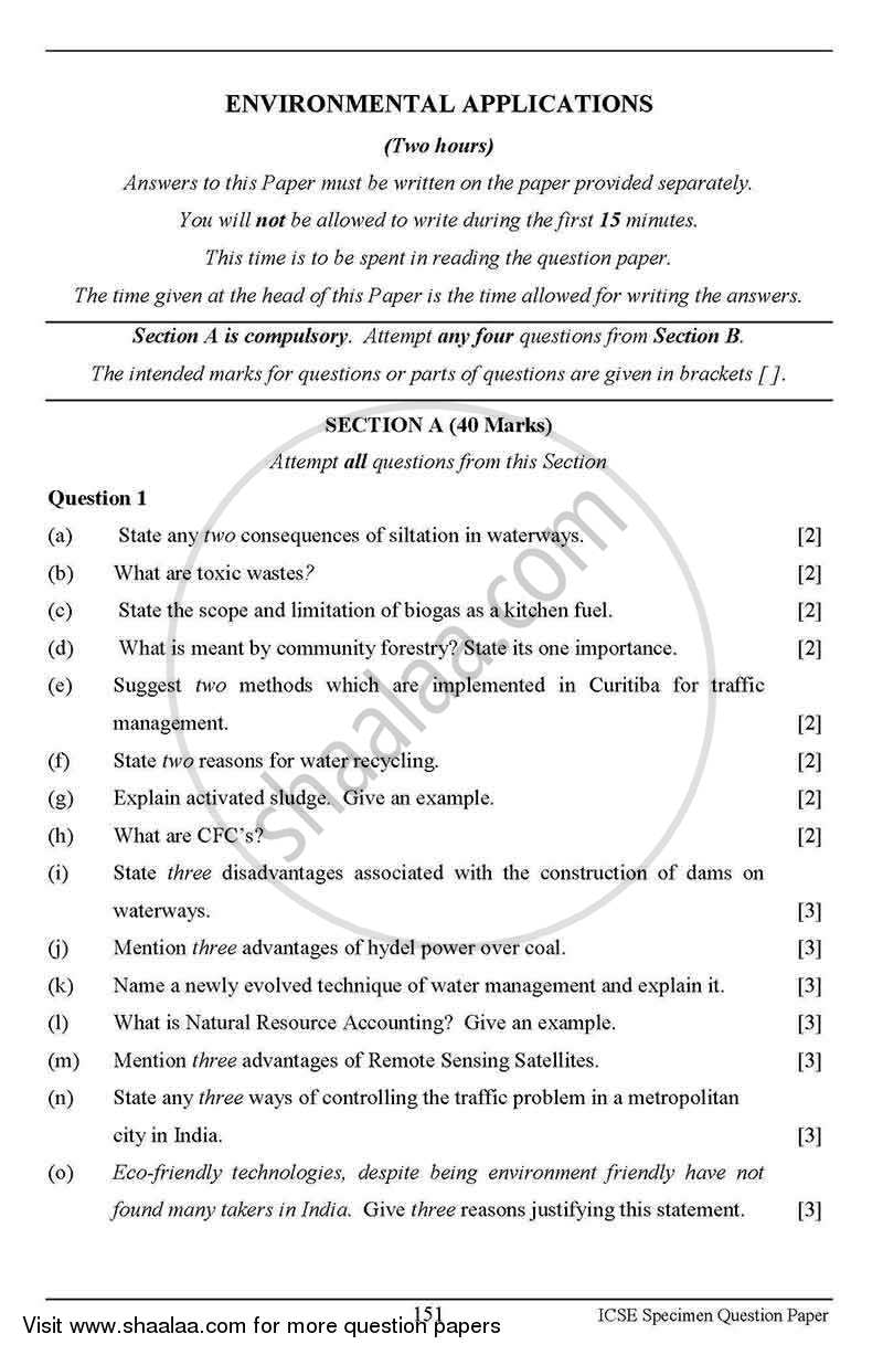 Environmental Applications 2012-2013 ICSE Class 10  - CISCE (Council for the Indian School Certificate Examinations) question paper with PDF download