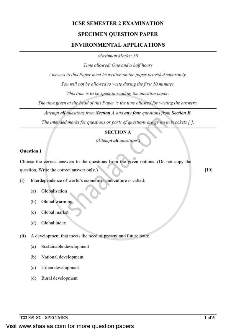 Environmental Applications 2021-2022 ICSE Class 10  - CISCE (Council for the Indian School Certificate Examinations) question paper with PDF download