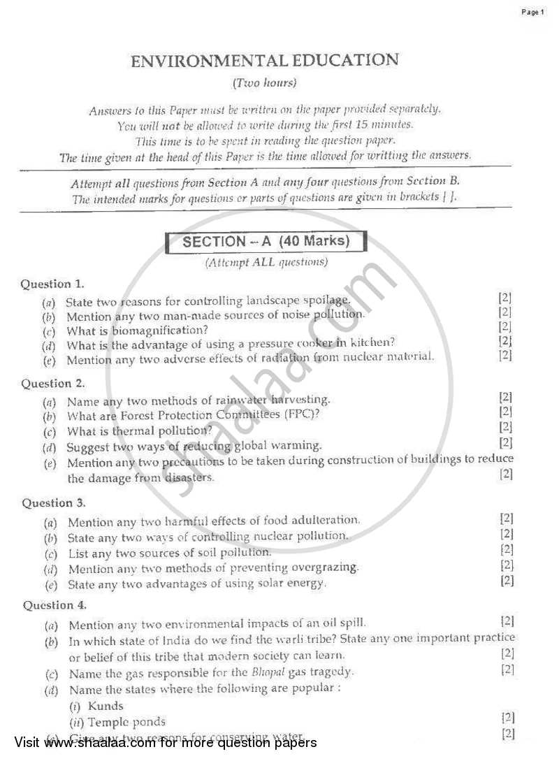 Environmental Education 2008-2009 ICSE Class 10  - CISCE (Council for the Indian School Certificate Examinations) question paper with PDF download