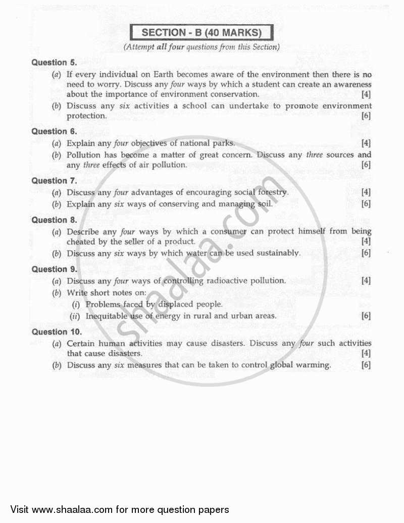 Environmental Education 2010-2011 ICSE Class 10  - CISCE (Council for the Indian School Certificate Examinations) question paper with PDF download