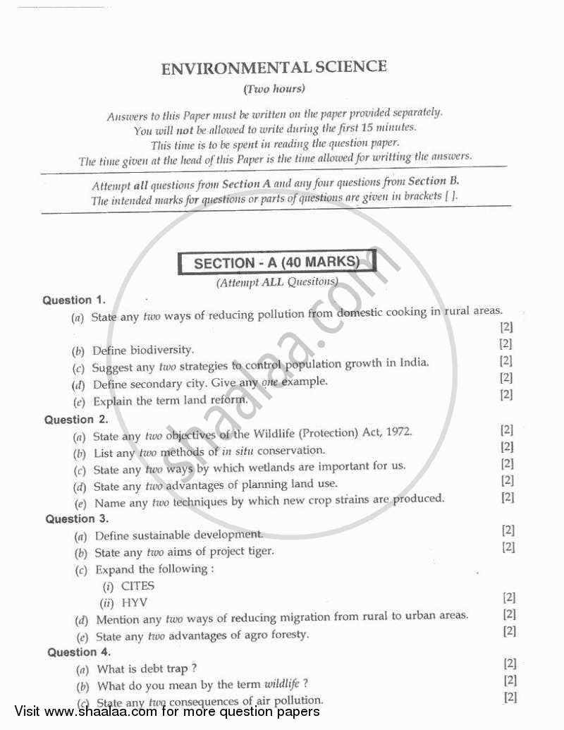 Environmental Science 2009-2010 ICSE Class 10  - CISCE (Council for the Indian School Certificate Examinations) question paper with PDF download