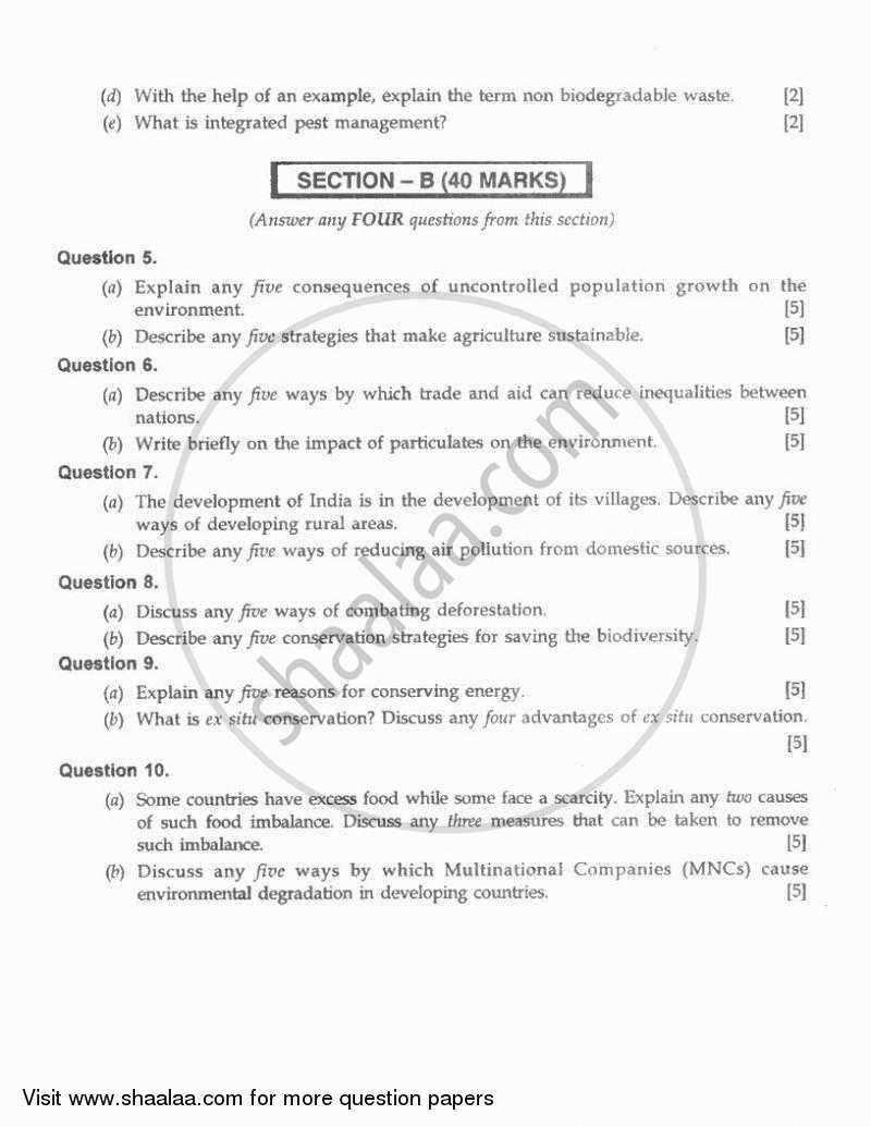 Environmental Science 2010-2011 ICSE Class 10  - CISCE (Council for the Indian School Certificate Examinations) question paper with PDF download