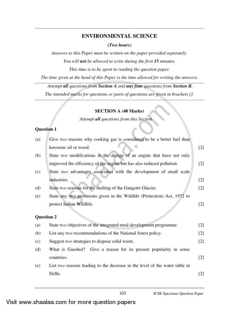 Environmental Science 2016-2017 ICSE Class 10  - CISCE (Council for the Indian School Certificate Examinations) question paper with PDF download