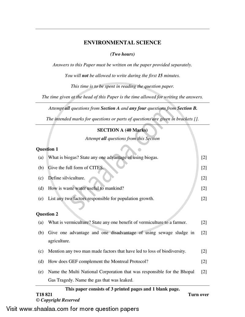 Environmental Science 2017-2018 ICSE Class 10  - CISCE (Council for the Indian School Certificate Examinations) question paper with PDF download