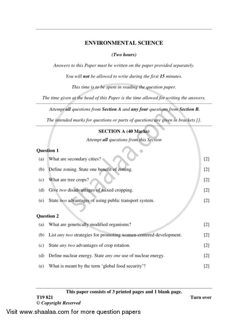 Environmental Science 2018-2019 ICSE Class 10  - CISCE (Council for the Indian School Certificate Examinations) question paper with PDF download