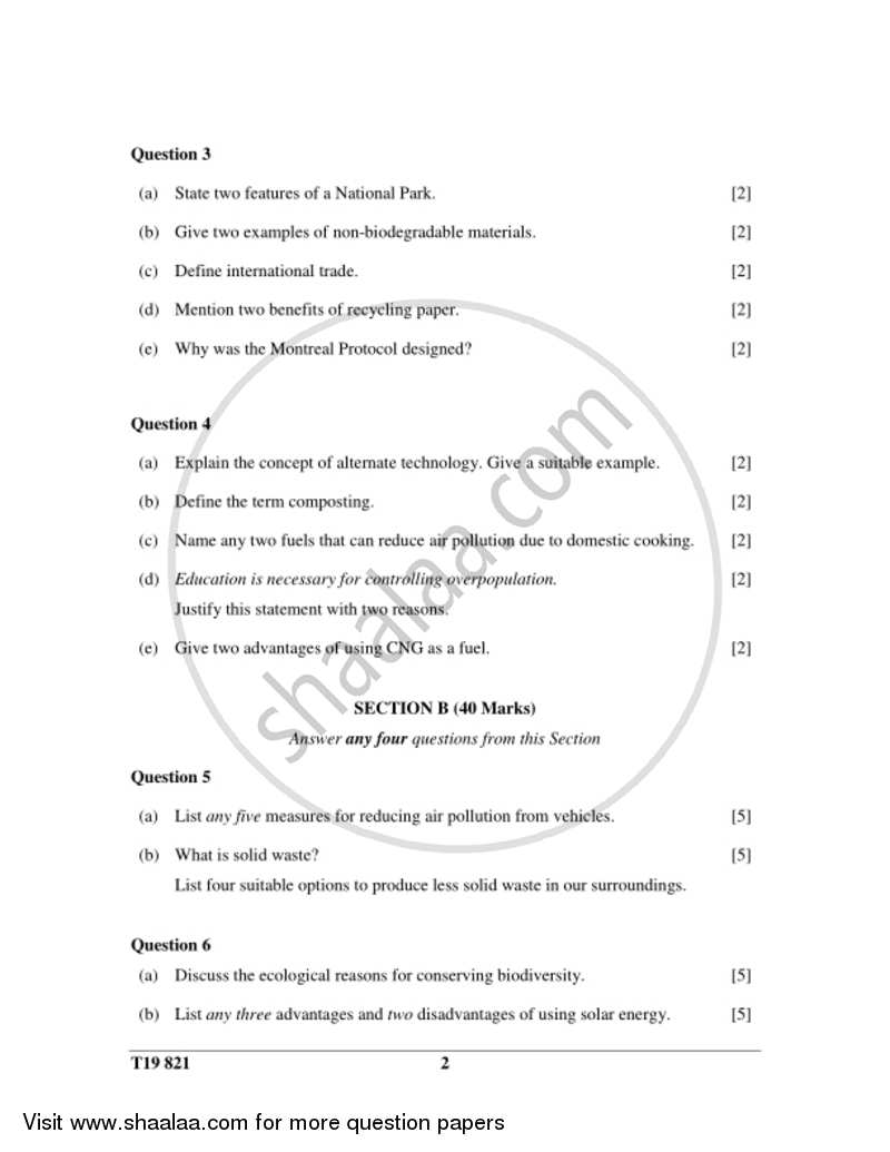 Environmental Science 2018-2019 ICSE Class 10  - CISCE (Council for the Indian School Certificate Examinations) question paper with PDF download
