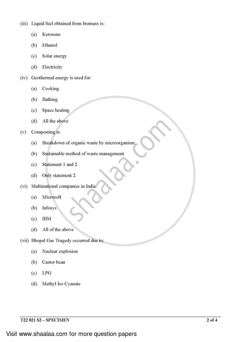 Environmental Science 2021-2022 ICSE Class 10  - CISCE (Council for the Indian School Certificate Examinations) question paper with PDF download