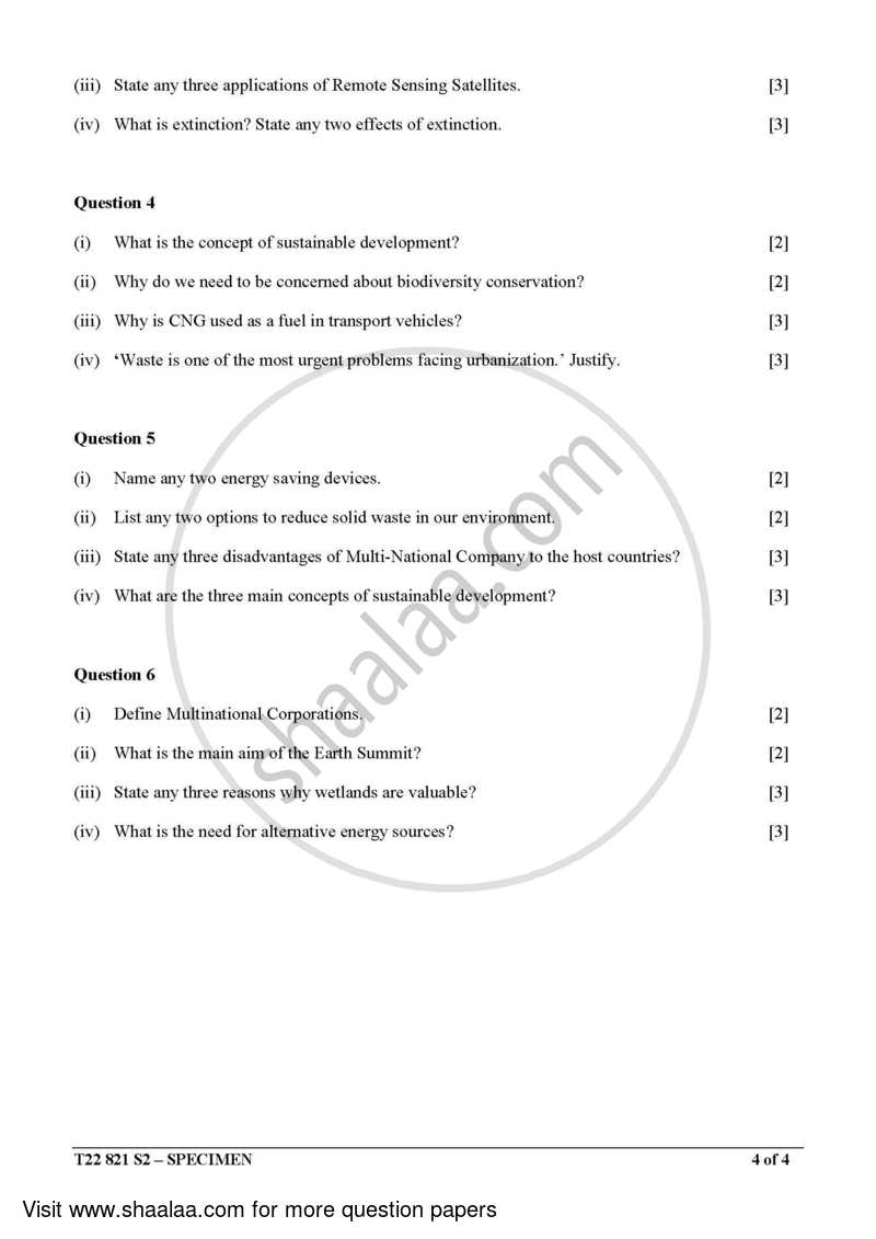 Environmental Science 2021-2022 ICSE Class 10  - CISCE (Council for the Indian School Certificate Examinations) question paper with PDF download