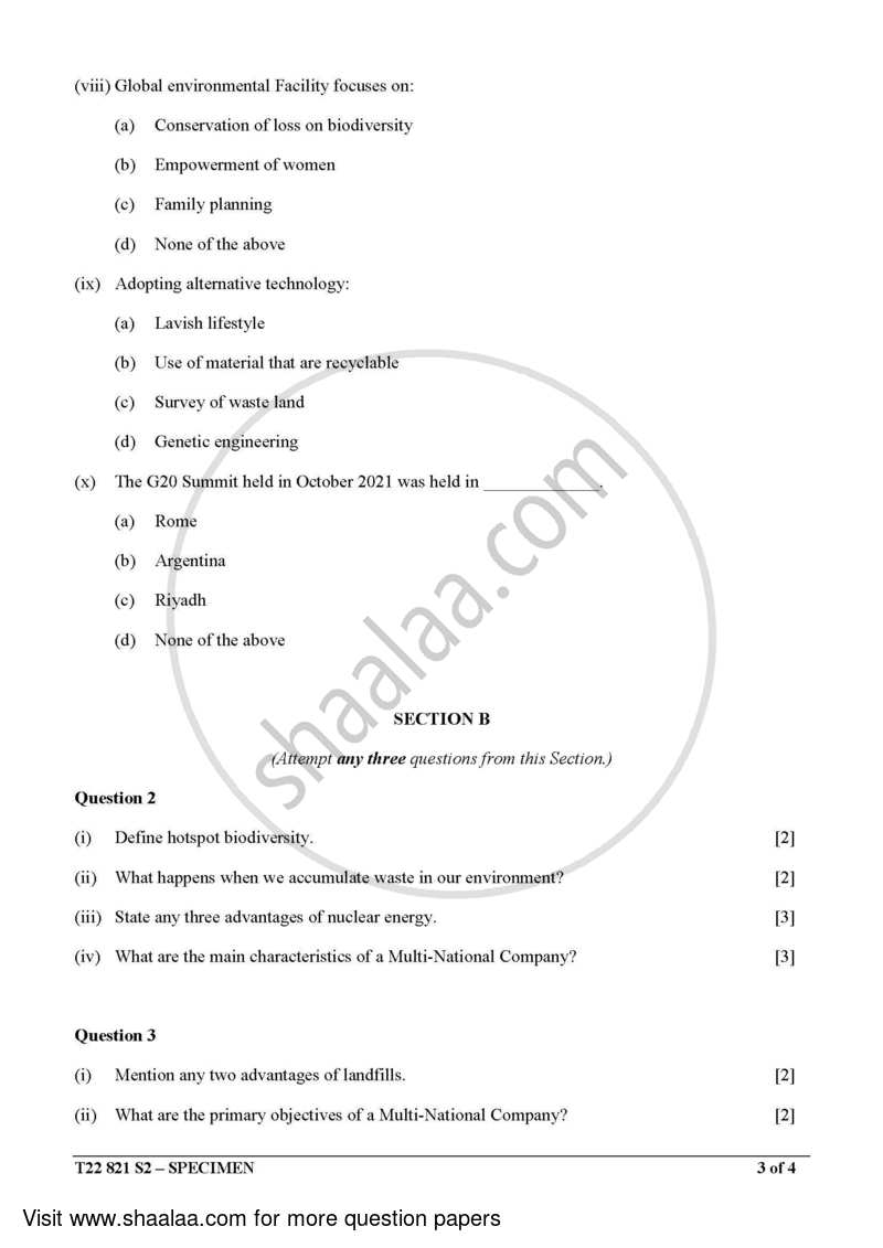 Environmental Science 2021-2022 ICSE Class 10  - CISCE (Council for the Indian School Certificate Examinations) question paper with PDF download