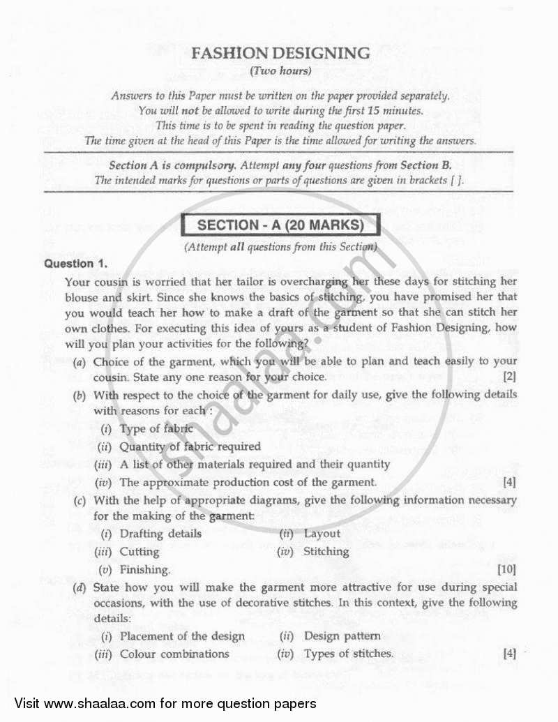 Fashion Designing 2010-2011 ICSE Class 10  - CISCE (Council for the Indian School Certificate Examinations) question paper with PDF download
