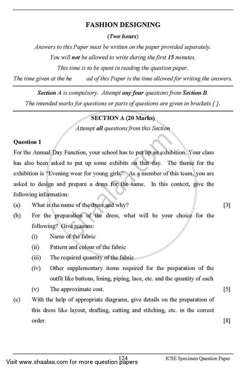 Fashion Designing 2012-2013 ICSE Class 10  - CISCE (Council for the Indian School Certificate Examinations) question paper with PDF download
