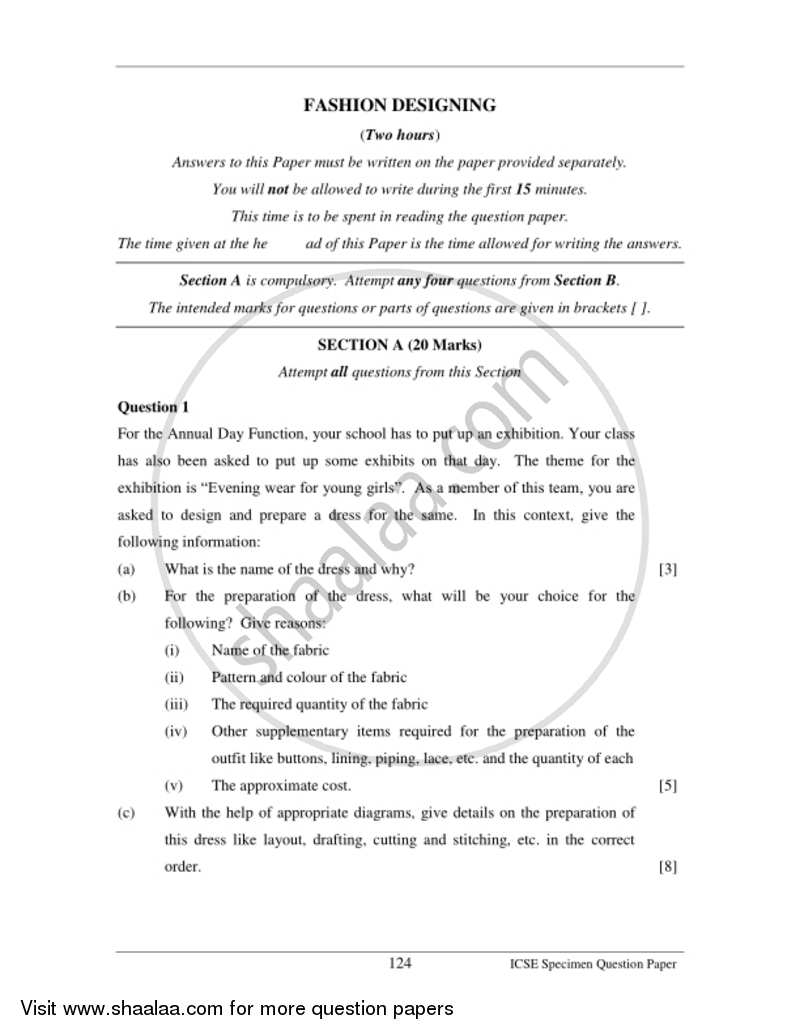 Fashion Designing 2016-2017 ICSE Class 10  - CISCE (Council for the Indian School Certificate Examinations) question paper with PDF download