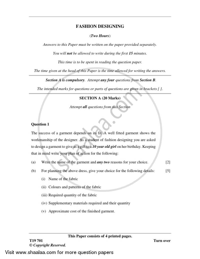 Fashion Designing 2018-2019 ICSE Class 10  - CISCE (Council for the Indian School Certificate Examinations) question paper with PDF download