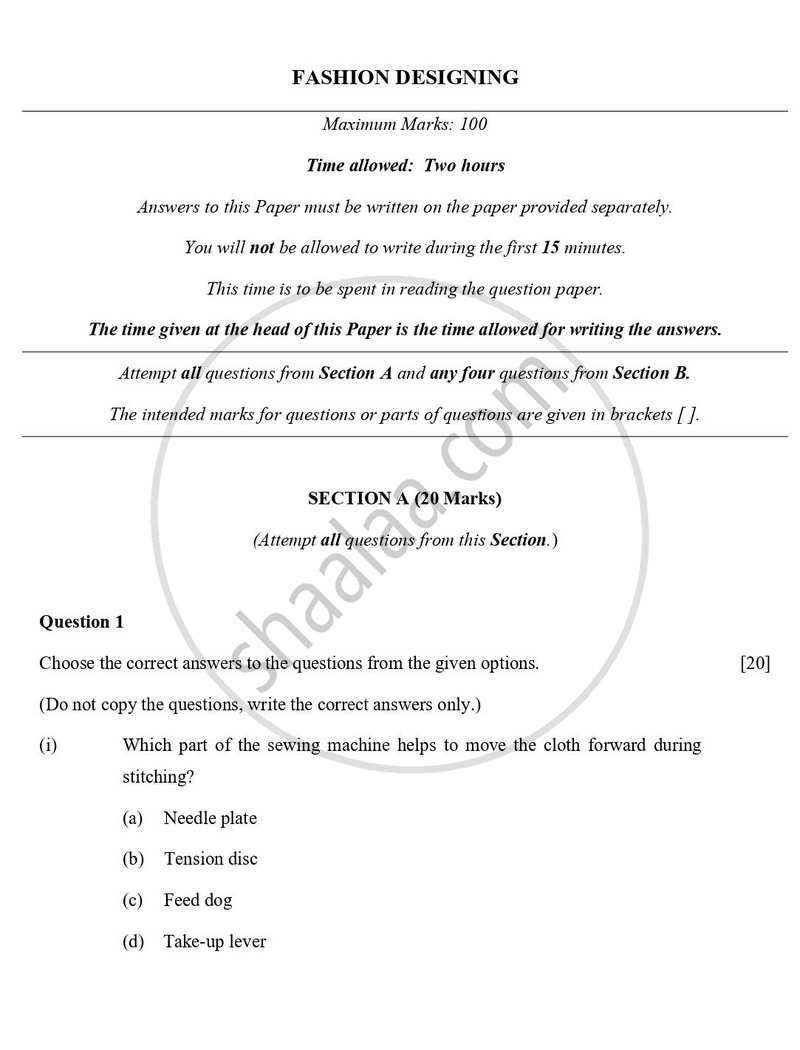 Fashion Designing 2023-2024 ICSE Class 10 - CISCE (Council for the Indian School Certificate Examinations) question paper with PDF download