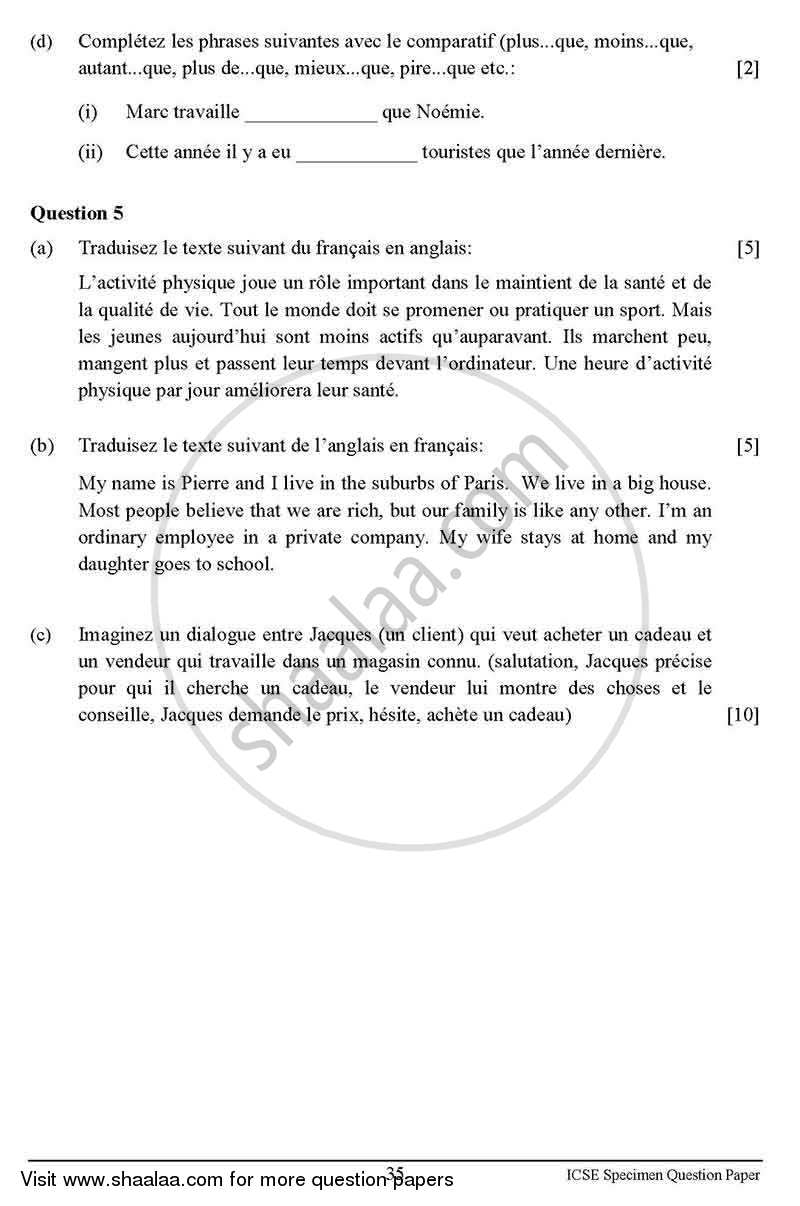 French 2012-2013 ICSE Class 10  - CISCE (Council for the Indian School Certificate Examinations) question paper with PDF download