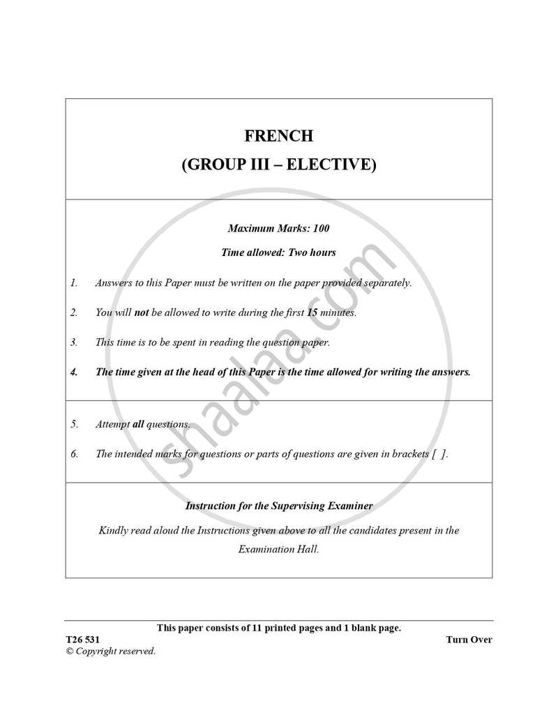 French 2025-2026 ICSE Class 10 - CISCE (Council for the Indian School Certificate Examinations) question paper with PDF download