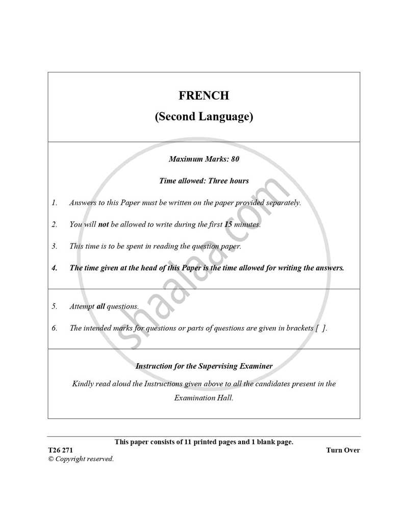 French 2025-2026 ICSE Class 10 - CISCE (Council for the Indian School Certificate Examinations) question paper with PDF download