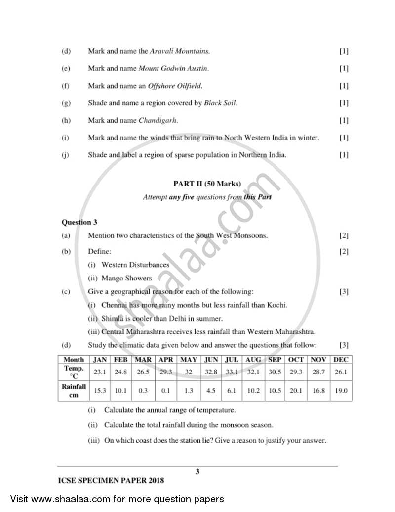 Geography 2017-2018 ICSE Class 10  - CISCE (Council for the Indian School Certificate Examinations) question paper with PDF download