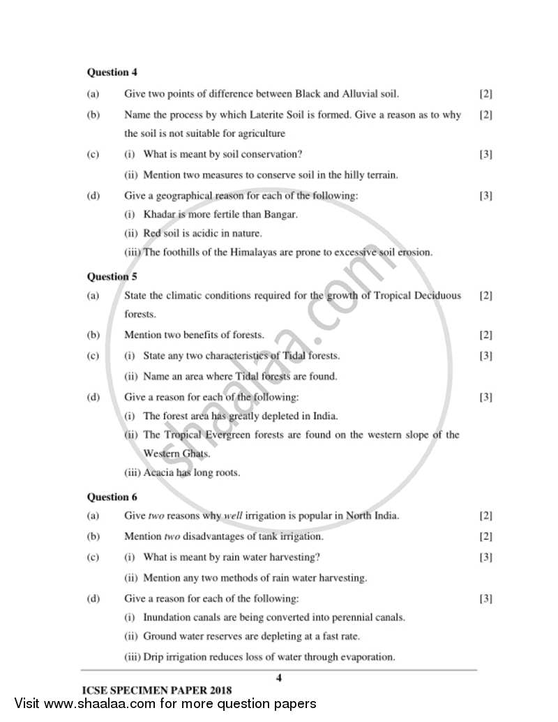 Geography 2017-2018 ICSE Class 10  - CISCE (Council for the Indian School Certificate Examinations) question paper with PDF download