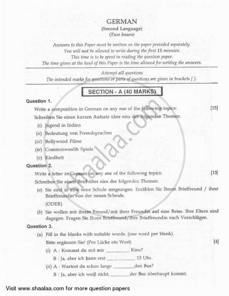German 2010-2011 ICSE Class 10  - CISCE (Council for the Indian School Certificate Examinations) question paper with PDF download