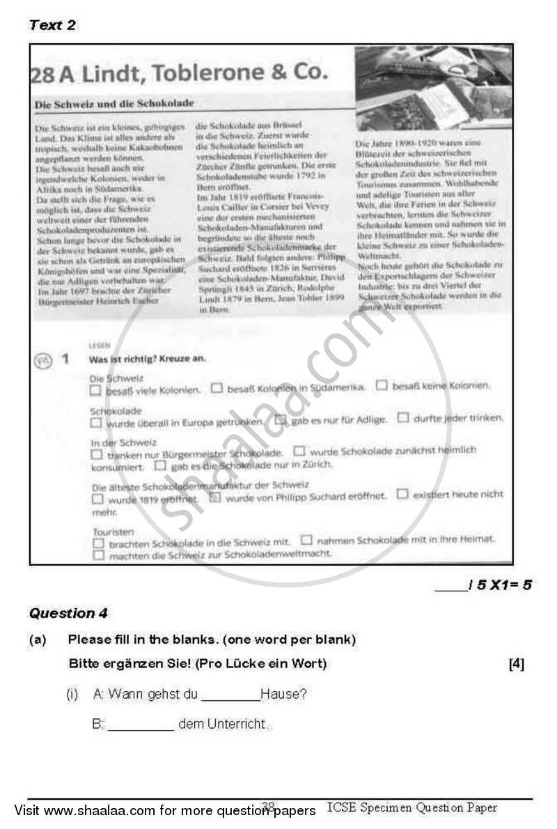 German 2012-2013 ICSE Class 10  - CISCE (Council for the Indian School Certificate Examinations) question paper with PDF download