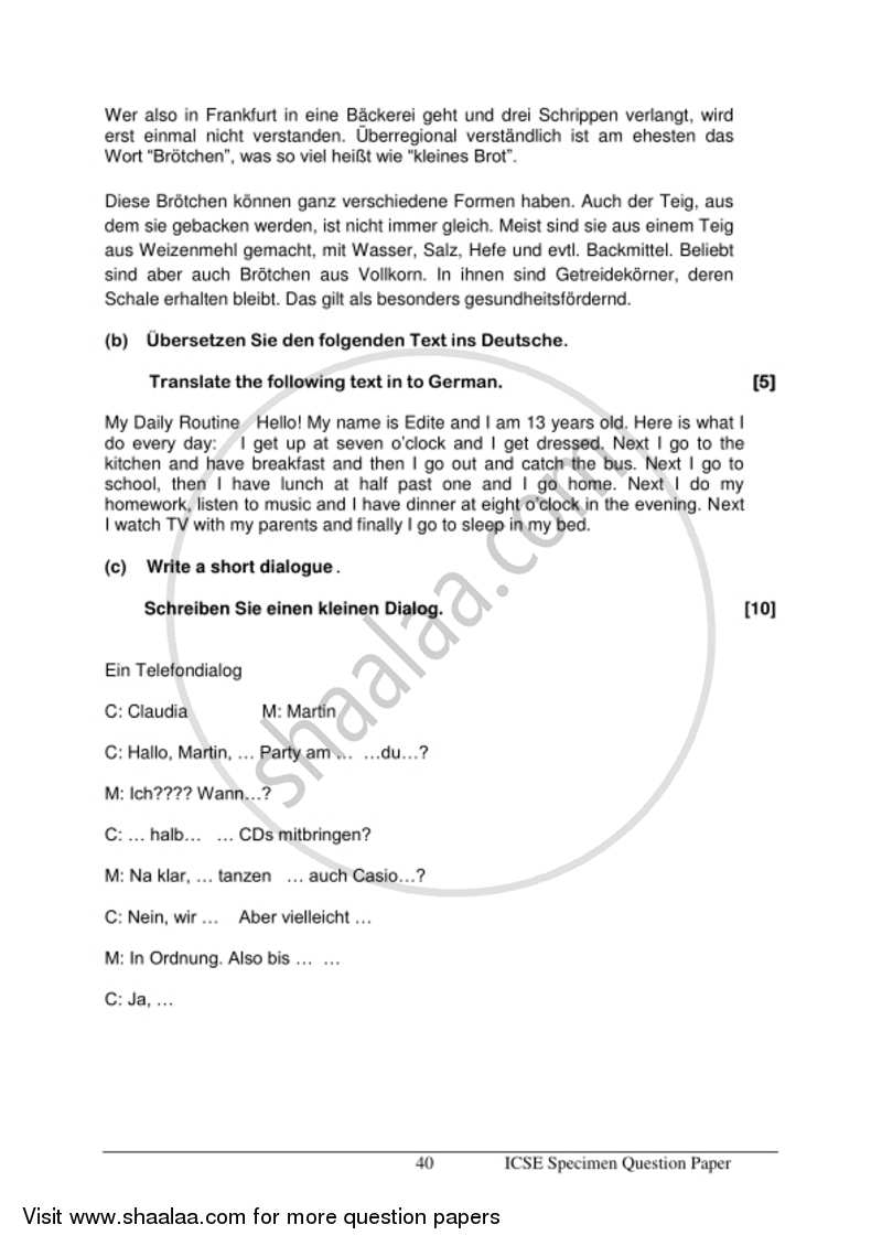 German 2016-2017 ICSE Class 10  - CISCE (Council for the Indian School Certificate Examinations) question paper with PDF download