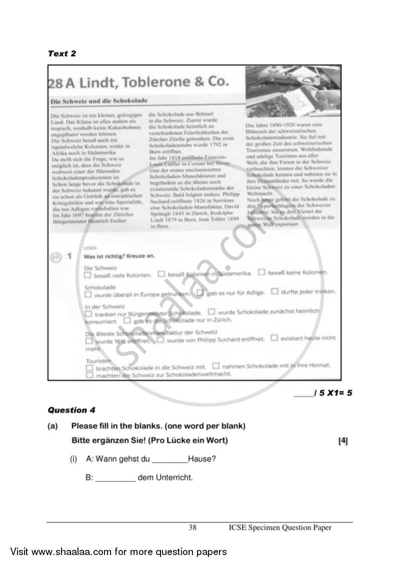 German 2016-2017 ICSE Class 10  - CISCE (Council for the Indian School Certificate Examinations) question paper with PDF download