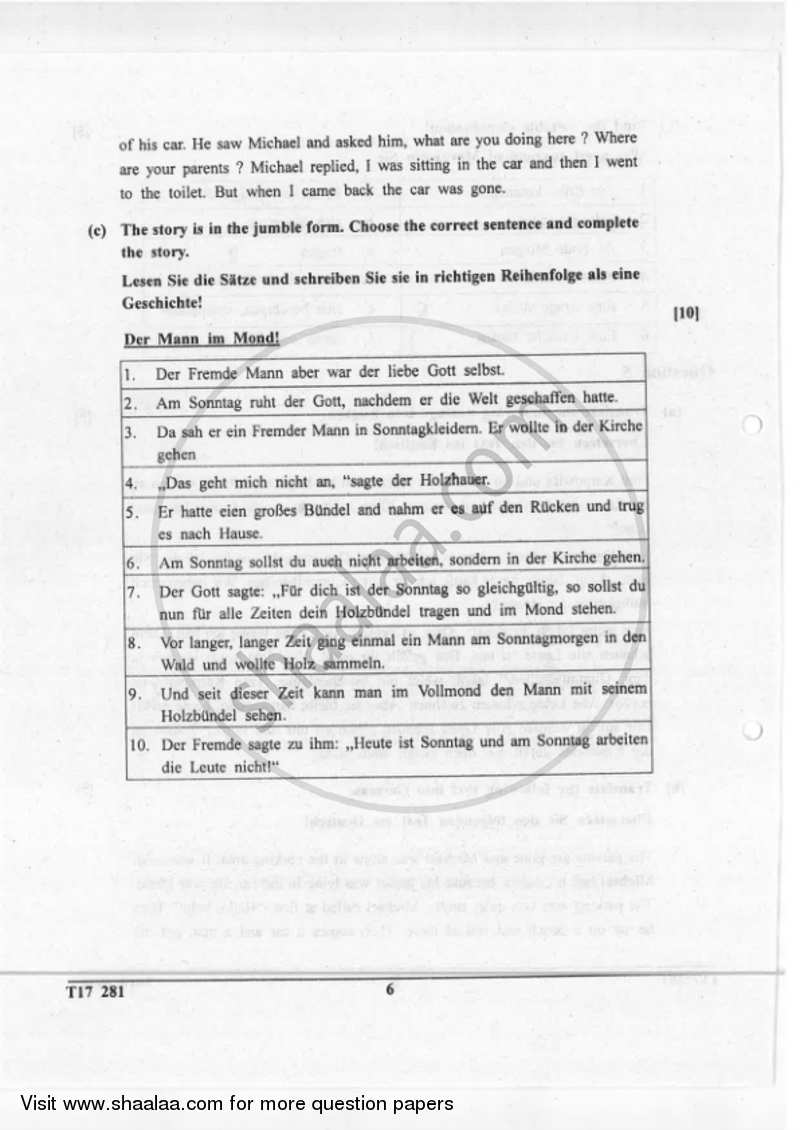 German 2016-2017 ICSE Class 10  - CISCE (Council for the Indian School Certificate Examinations) question paper with PDF download