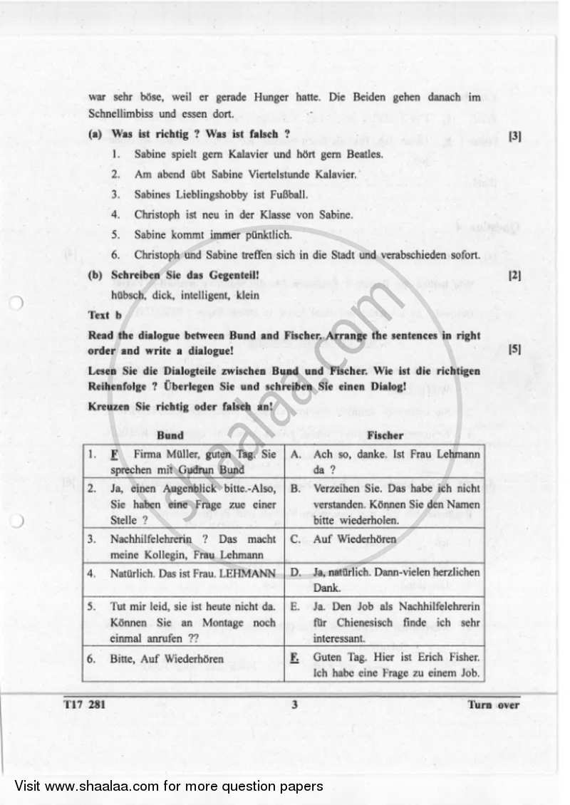 German 2016-2017 ICSE Class 10  - CISCE (Council for the Indian School Certificate Examinations) question paper with PDF download