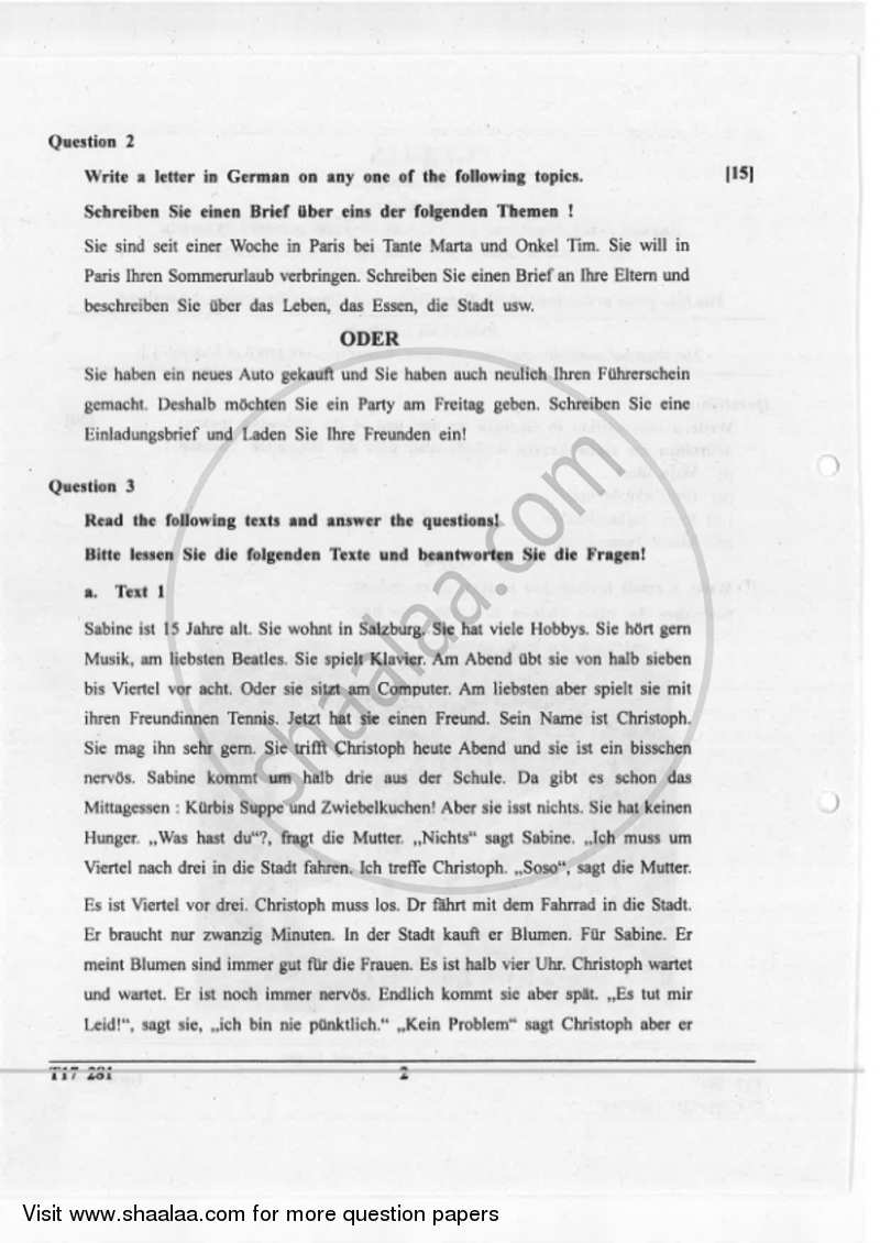 German 2016-2017 ICSE Class 10  - CISCE (Council for the Indian School Certificate Examinations) question paper with PDF download