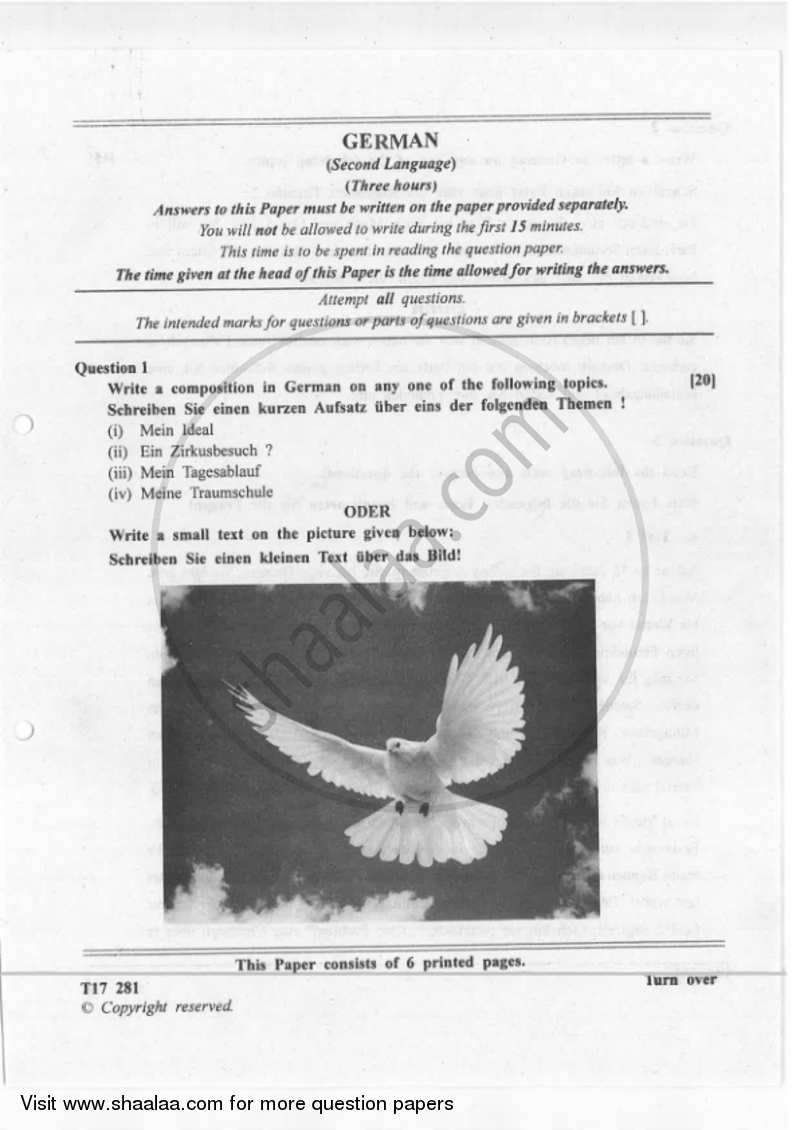 German 2016-2017 ICSE Class 10  - CISCE (Council for the Indian School Certificate Examinations) question paper with PDF download