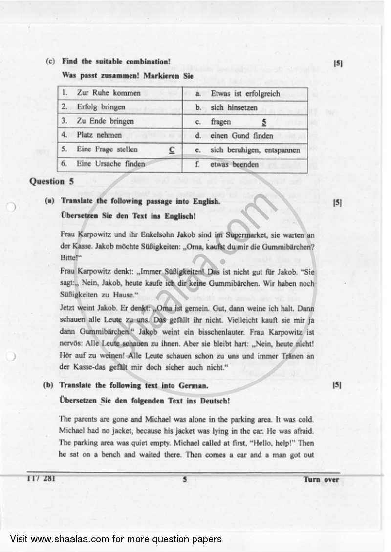 German 2016-2017 ICSE Class 10  - CISCE (Council for the Indian School Certificate Examinations) question paper with PDF download